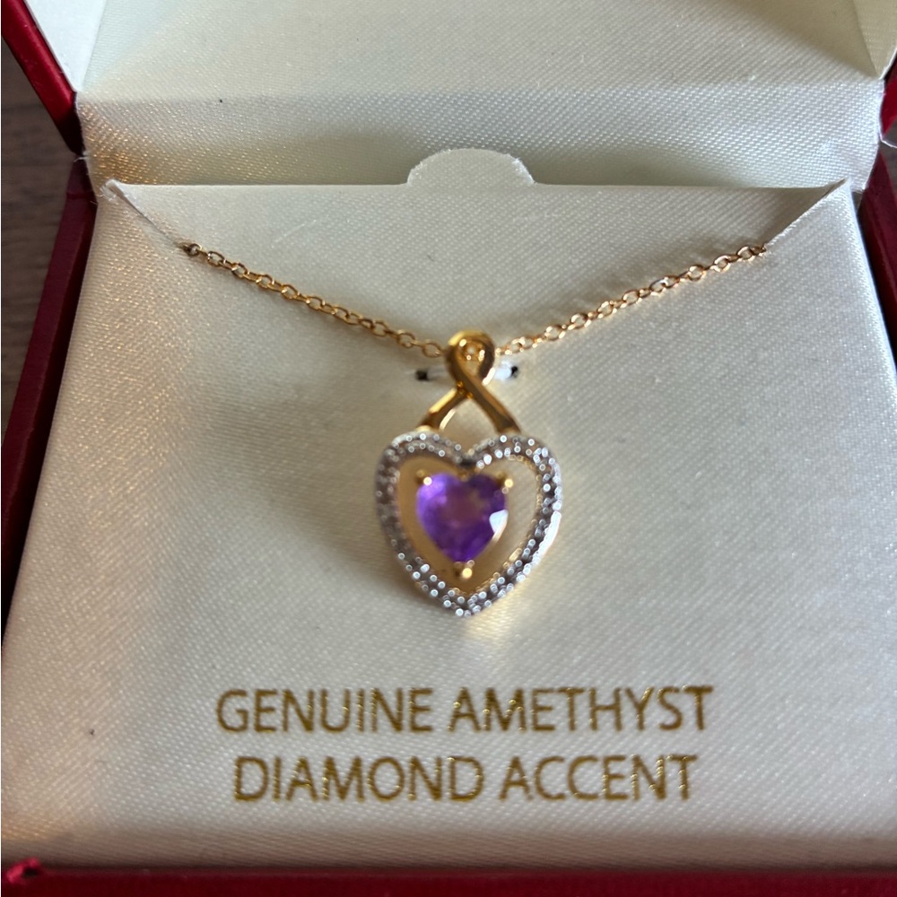 18 KT Gold over Silver Amethyst and Diamond Heart Pendant Necklace